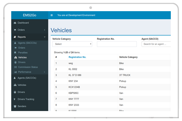 EMS2GO dashboard showing vehicles registration number and categories